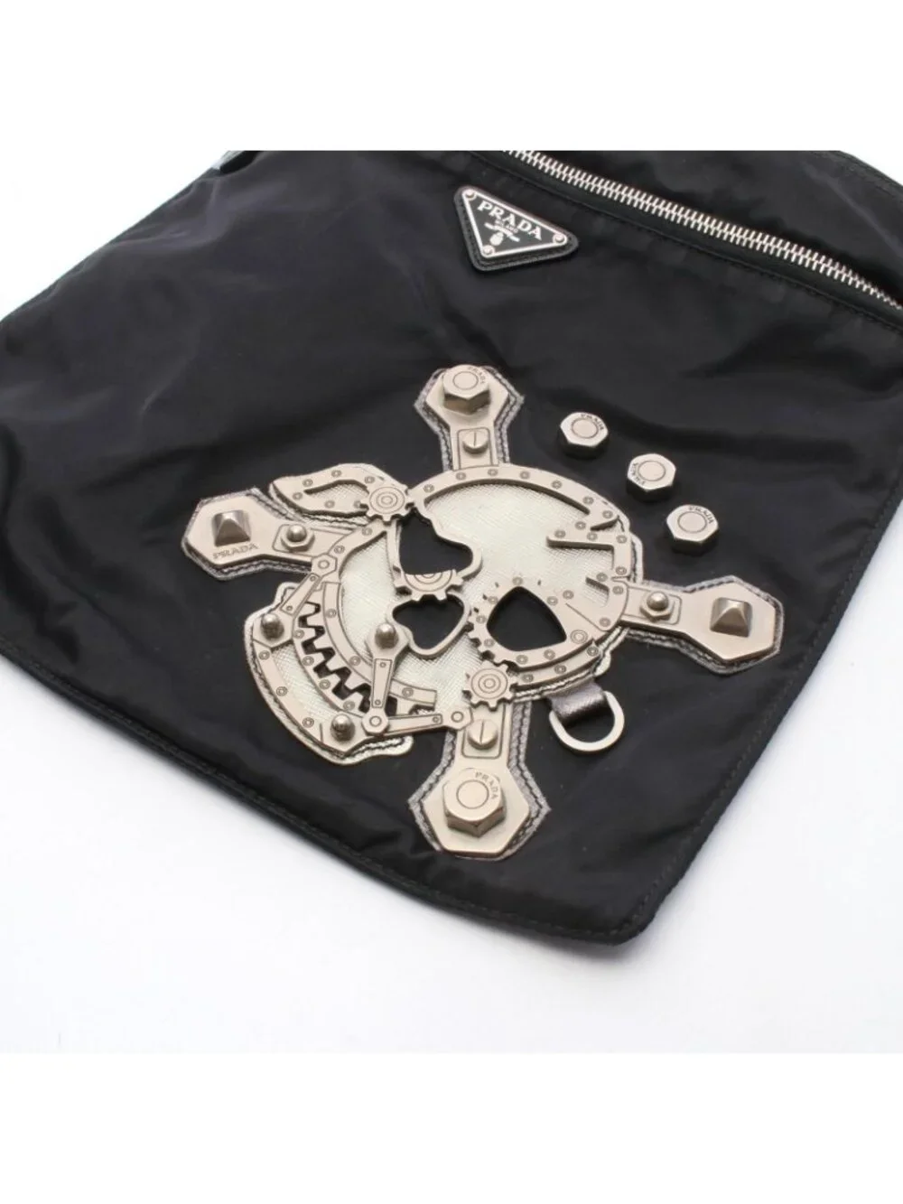 Prada Shoulder Bag Skull Studs Triangle Logo Black Silver Nylon Leather